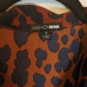 Fashion Nova-Brown and Black Spotted Short Sleeve Button-up Jumpsuit, Size Small